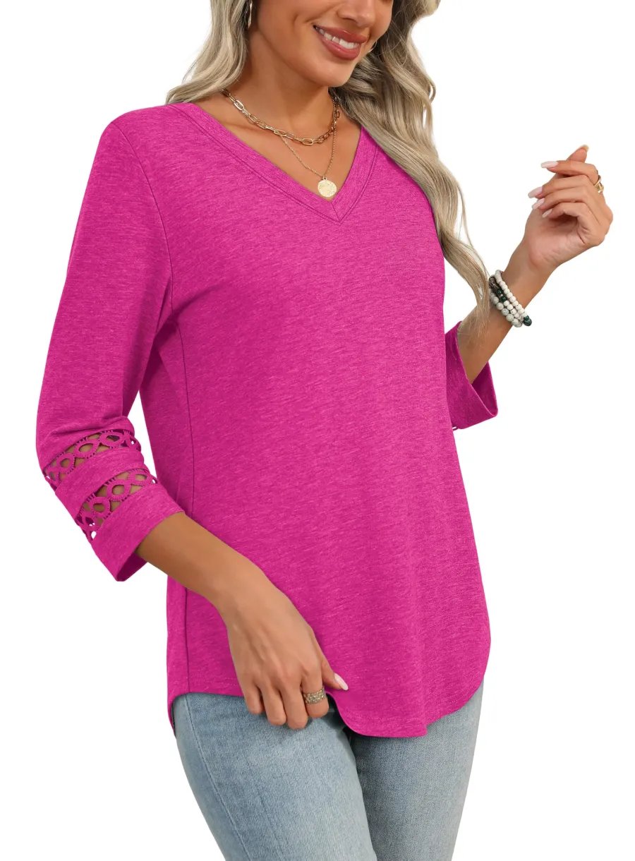 2026 New Womens 3/4 Length Sleeve Tops Trendy V Neck T Shirts