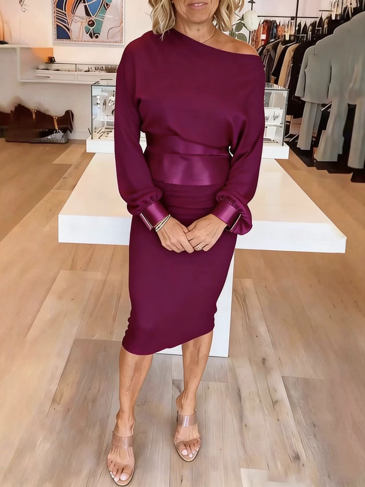 📦📦LAST DAY SAVE 49% ⏰Womens Round Neck Solid Color Dress Waist Cover (Free belt included)