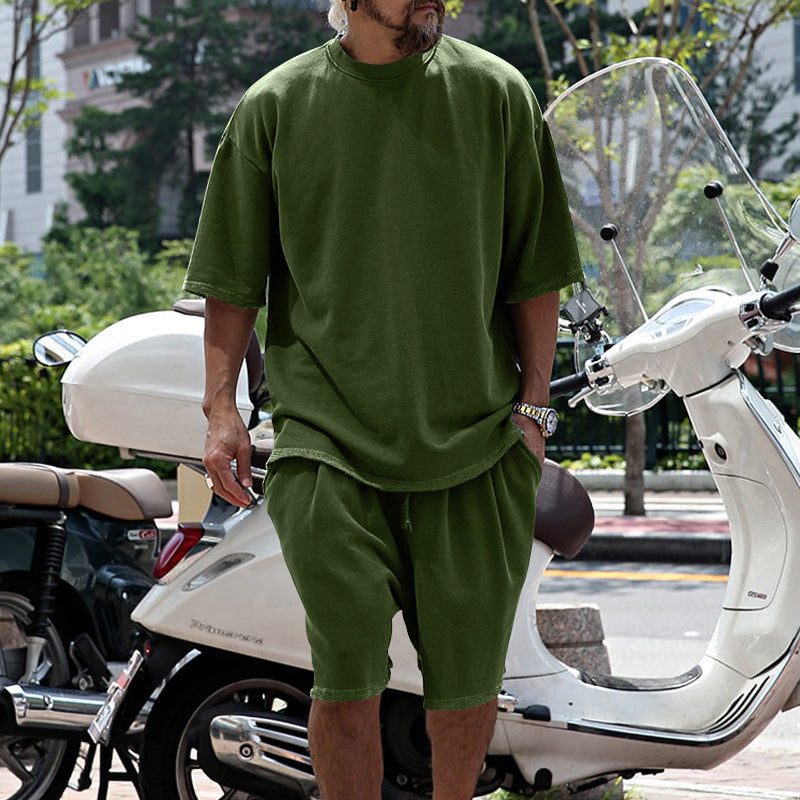 💚💚Men Loose Pure Solid Sports Short Sleeve T Shirt Shorts Set Outfit Sportswear
