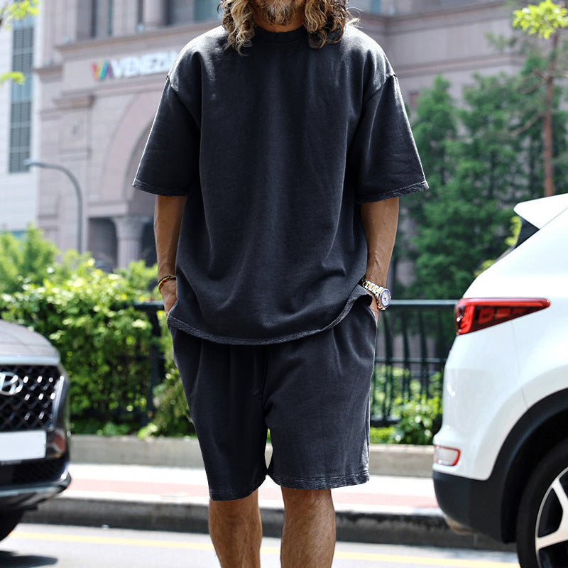 💚💚Men Loose Pure Solid Sports Short Sleeve T Shirt Shorts Set Outfit Sportswear