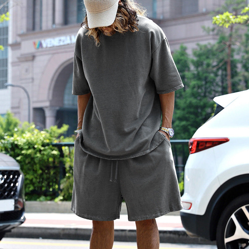💚💚Men Loose Pure Solid Sports Short Sleeve T Shirt Shorts Set Outfit Sportswear
