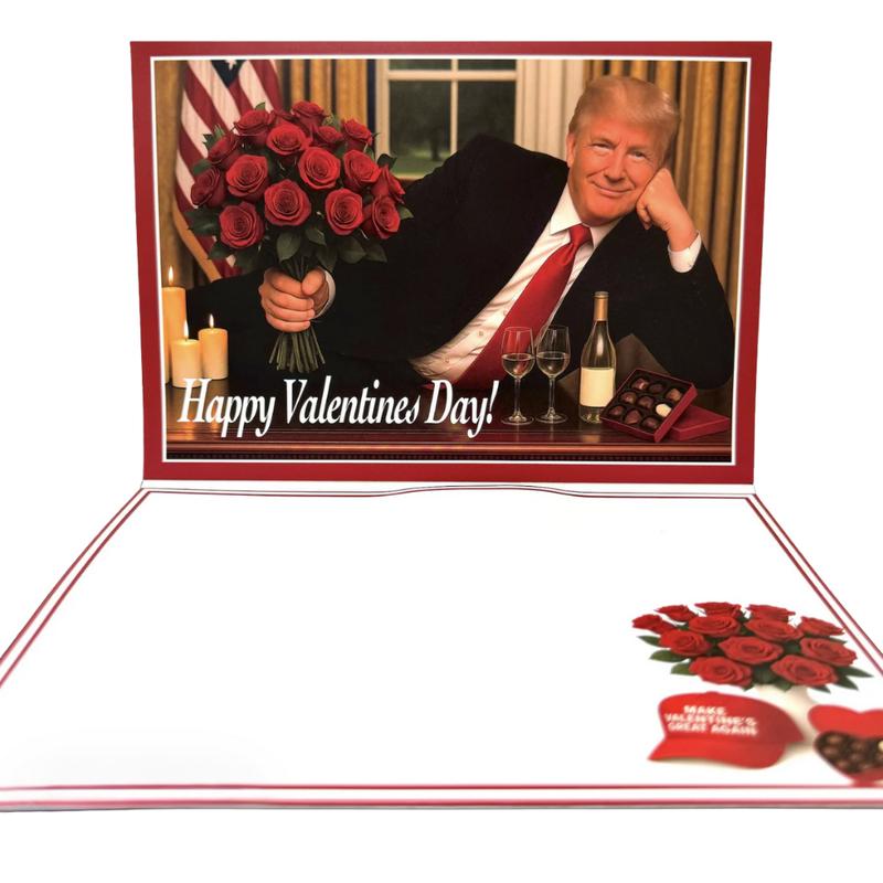 ✨✨Funny Trump Valentine’s Day Card – "Making Love Great Again" Republican Gag Gift for Him – High-Quality Roses & Wine Print with Envelope – Perfect Conservative Valentine Gift