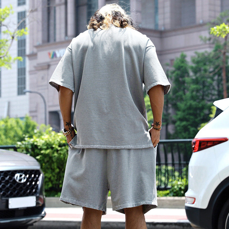 💚💚Men Loose Pure Solid Sports Short Sleeve T Shirt Shorts Set Outfit Sportswear