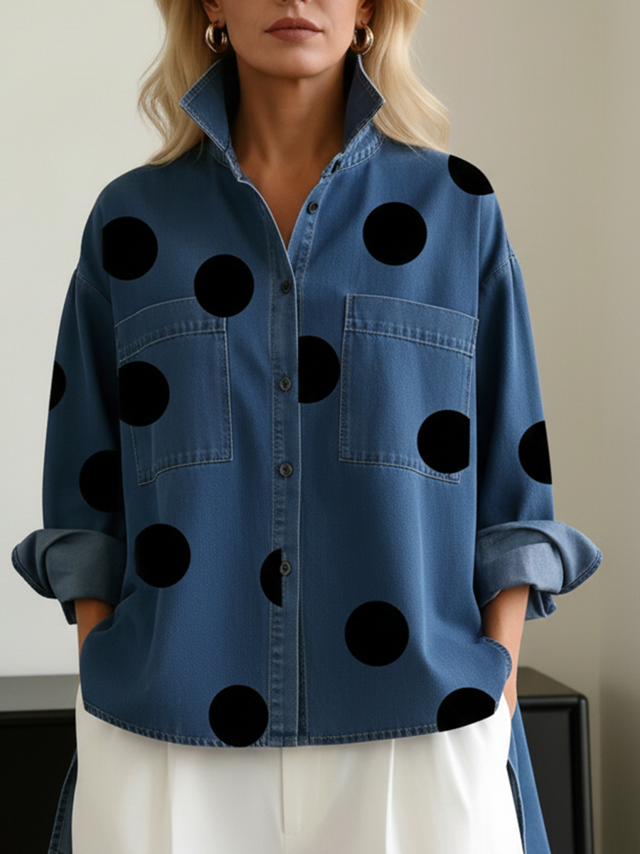 📦📦LAST DAY SAVE 49% ⏰Elegant Artistic Polka Dot Print Stand-collar Denim Top