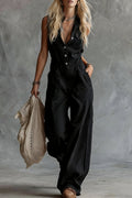 V-Neck Front-Button Sleeveless Jumpsuit