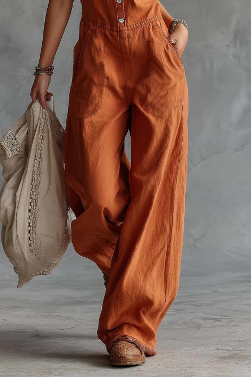 V-Neck Front-Button Sleeveless Jumpsuit