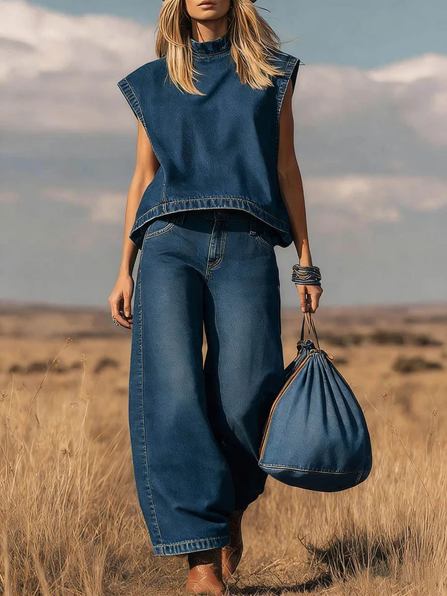 📦📦LAST DAY SAVE 49% ⏰ Women's Stand Collar Sleeveless Casual Loose Top and High Waisted Loose Wide Leg Denim Pants Set