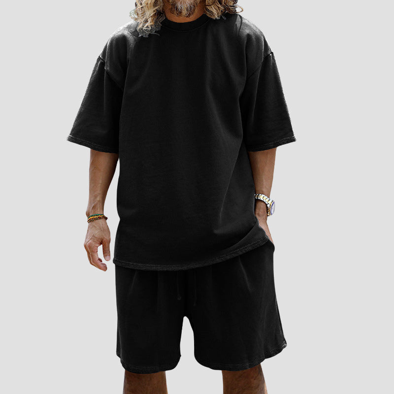 💚💚Men Loose Pure Solid Sports Short Sleeve T Shirt Shorts Set Outfit Sportswear