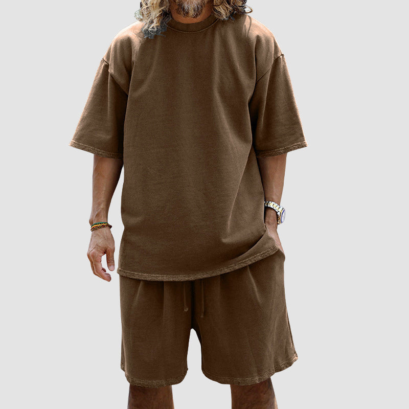 💚💚Men Loose Pure Solid Sports Short Sleeve T Shirt Shorts Set Outfit Sportswear