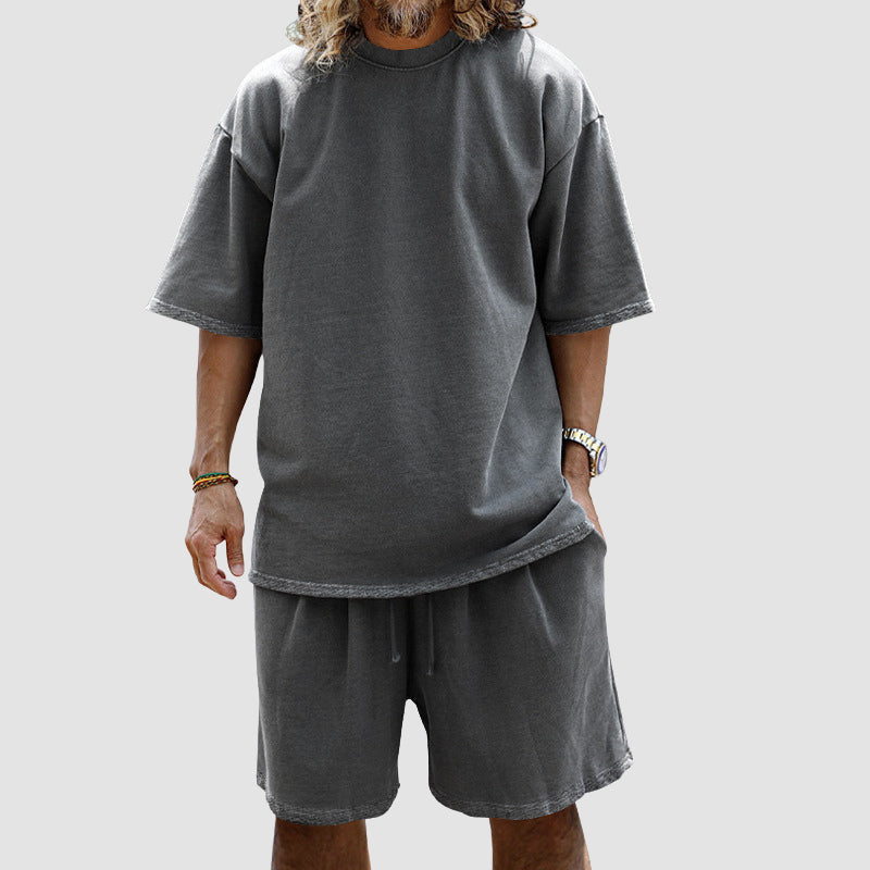 💚💚Men Loose Pure Solid Sports Short Sleeve T Shirt Shorts Set Outfit Sportswear