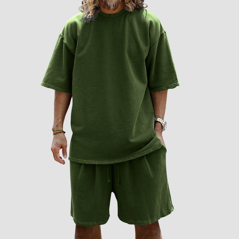 💚💚Men Loose Pure Solid Sports Short Sleeve T Shirt Shorts Set Outfit Sportswear
