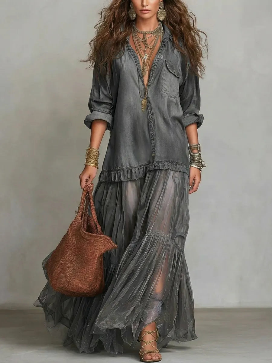 📦📦LAST DAY SAVE 49% ⏰Women's Retro Lapel Denim Organza Patchwork Art Casual Maxi Dress