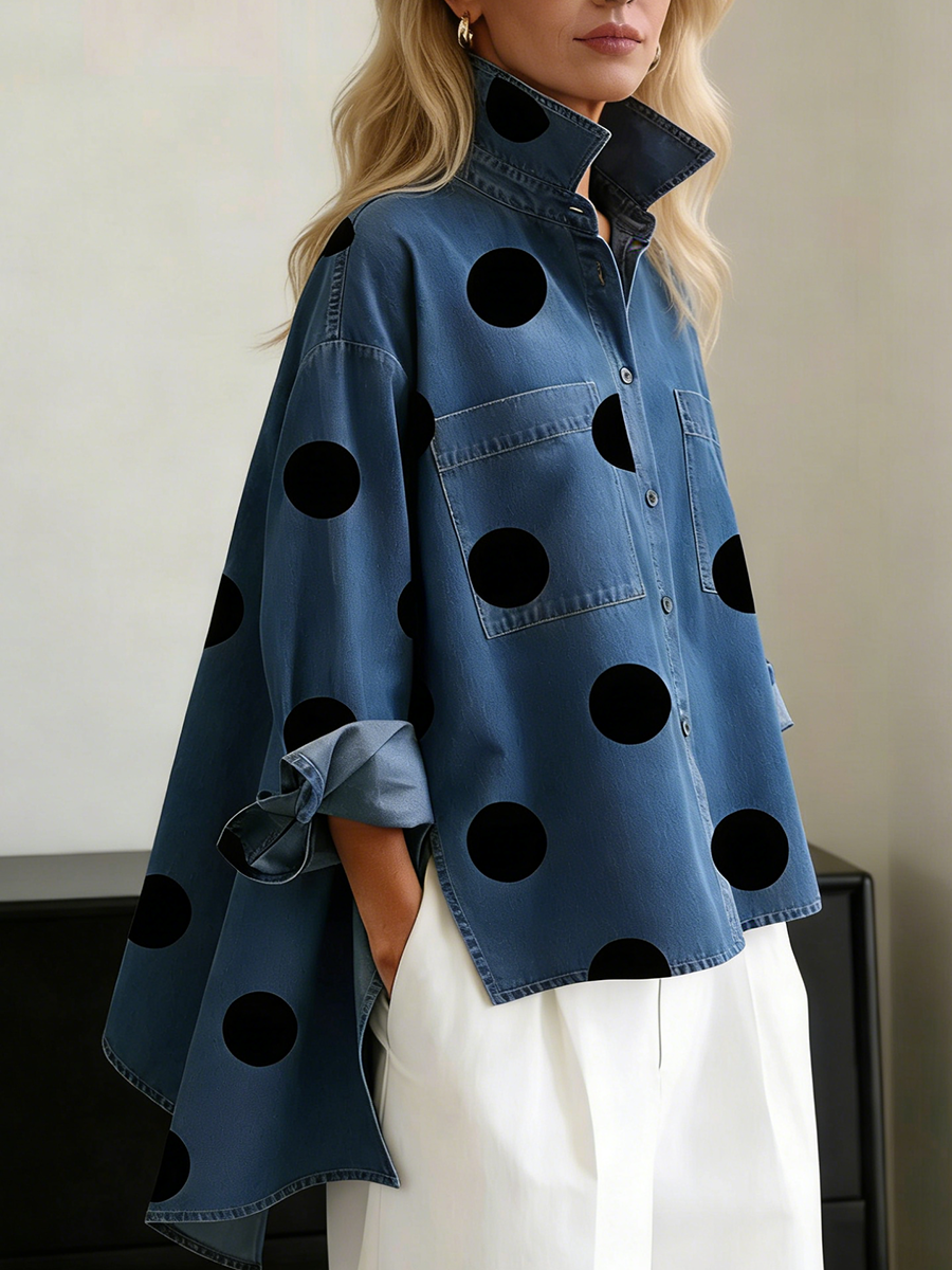 📦📦LAST DAY SAVE 49% ⏰Elegant Artistic Polka Dot Print Stand-collar Denim Top