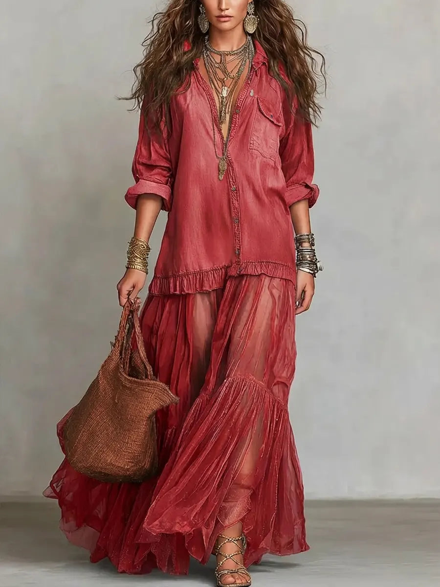 📦📦LAST DAY SAVE 49% ⏰Women's Retro Lapel Denim Organza Patchwork Art Casual Maxi Dress