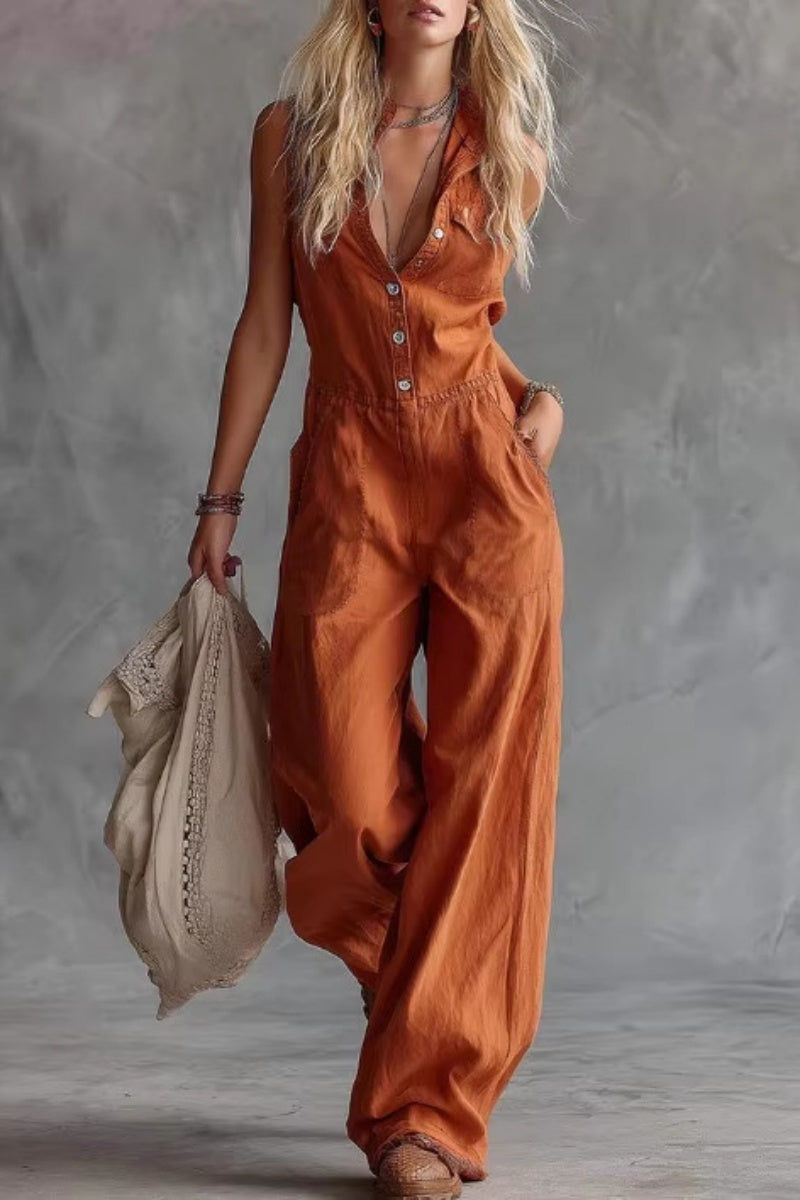 V-Neck Front-Button Sleeveless Jumpsuit