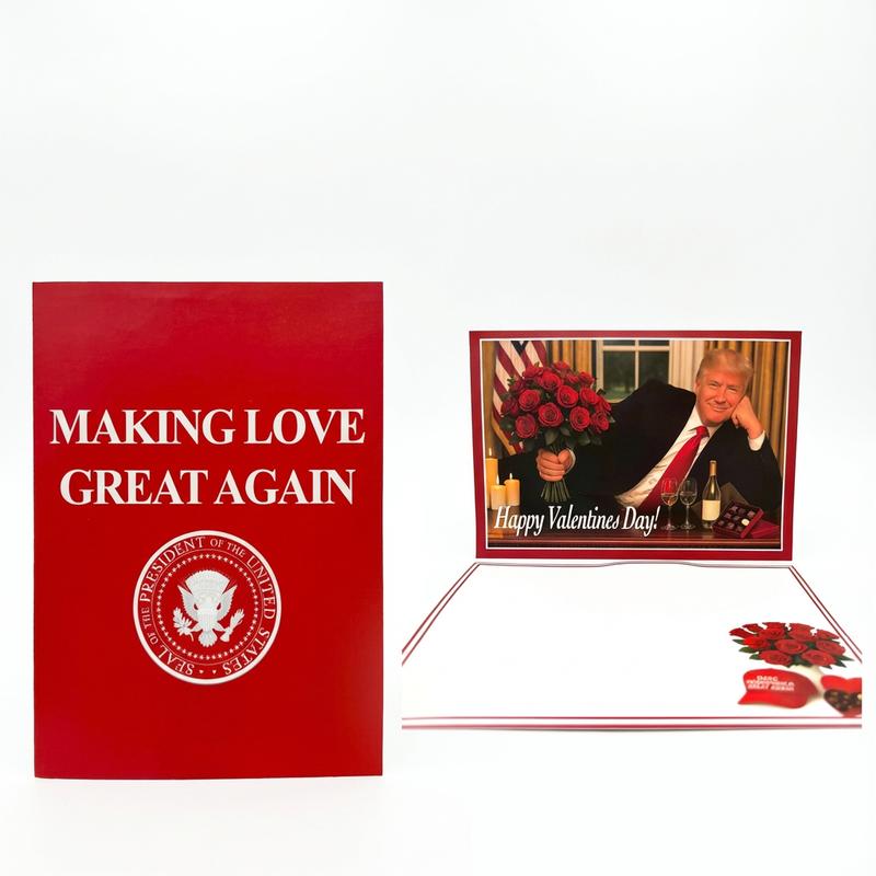 ✨✨Funny Trump Valentine’s Day Card – "Making Love Great Again" Republican Gag Gift for Him – High-Quality Roses & Wine Print with Envelope – Perfect Conservative Valentine Gift