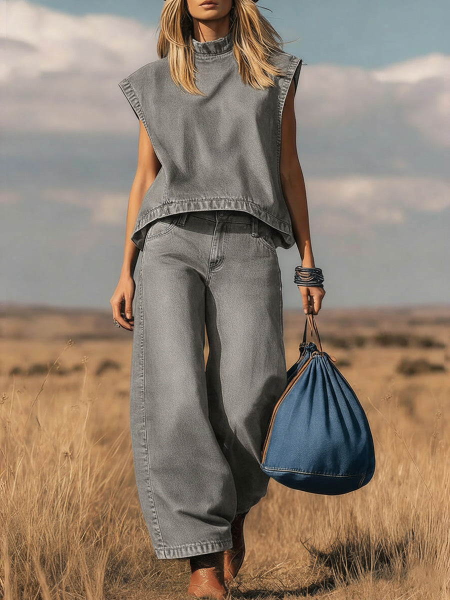 📦📦LAST DAY SAVE 49% ⏰ Women's Stand Collar Sleeveless Casual Loose Top and High Waisted Loose Wide Leg Denim Pants Set