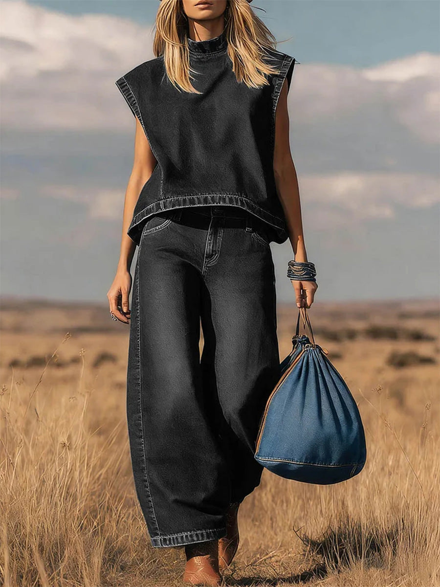 📦📦LAST DAY SAVE 49% ⏰ Women's Stand Collar Sleeveless Casual Loose Top and High Waisted Loose Wide Leg Denim Pants Set