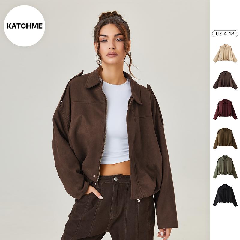 ✨✨KatchMe Winter Vintage Jacket for Women - Cozy Oversize Collared Zipper Long Sleeve Solid Outerwear