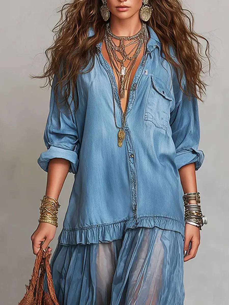 📦📦LAST DAY SAVE 49% ⏰Women's Retro Lapel Denim Organza Patchwork Art Casual Maxi Dress