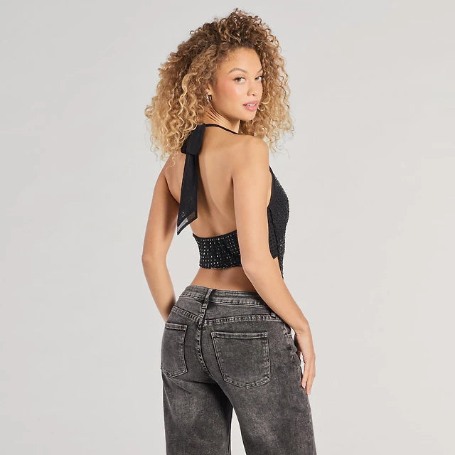 📦📦Party Diva✨ — 💎Cropped Rhinestone Backless Halter Top