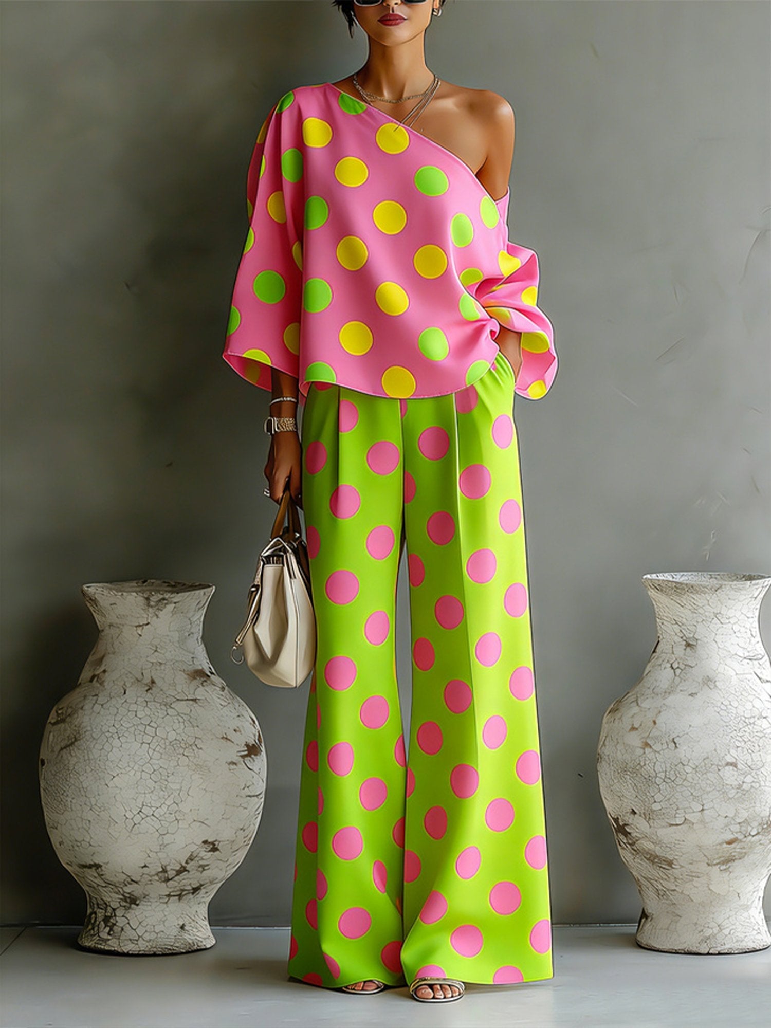 📦📦LAST DAY SAVE 49% ⏰Women's Colorful Polka-Dot Off-Shoulder Flowy Two-Piece Set