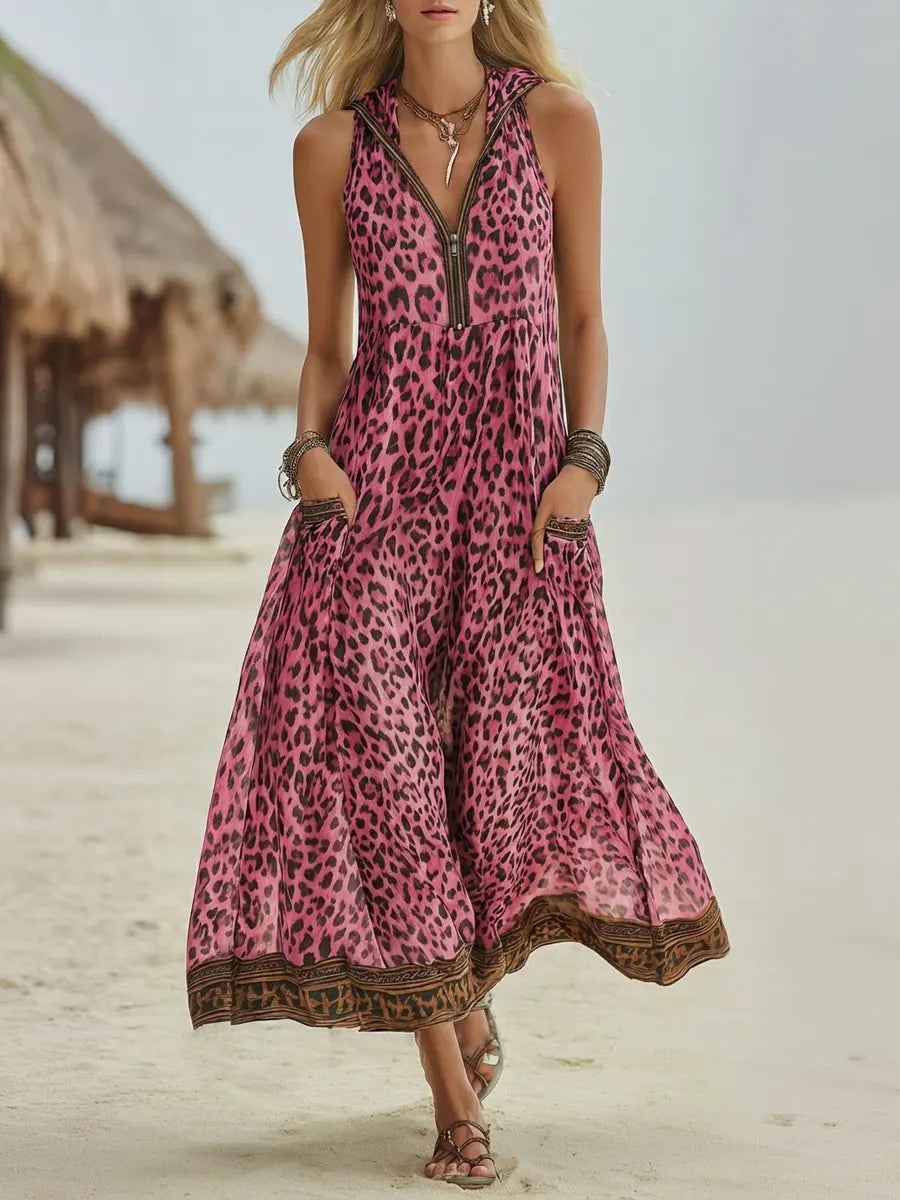 📦📦LAST DAY SAVE 49% ⏰Women's Retro Casual Green Leopard Print Art Hooded Midi Dress