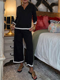 📦📦LAST DAY SAVE 49% ⏰Women's Casual Cotton Set: Loose-fit V-neck 3/4-sleeve Top & High-waisted Wide-leg Pants