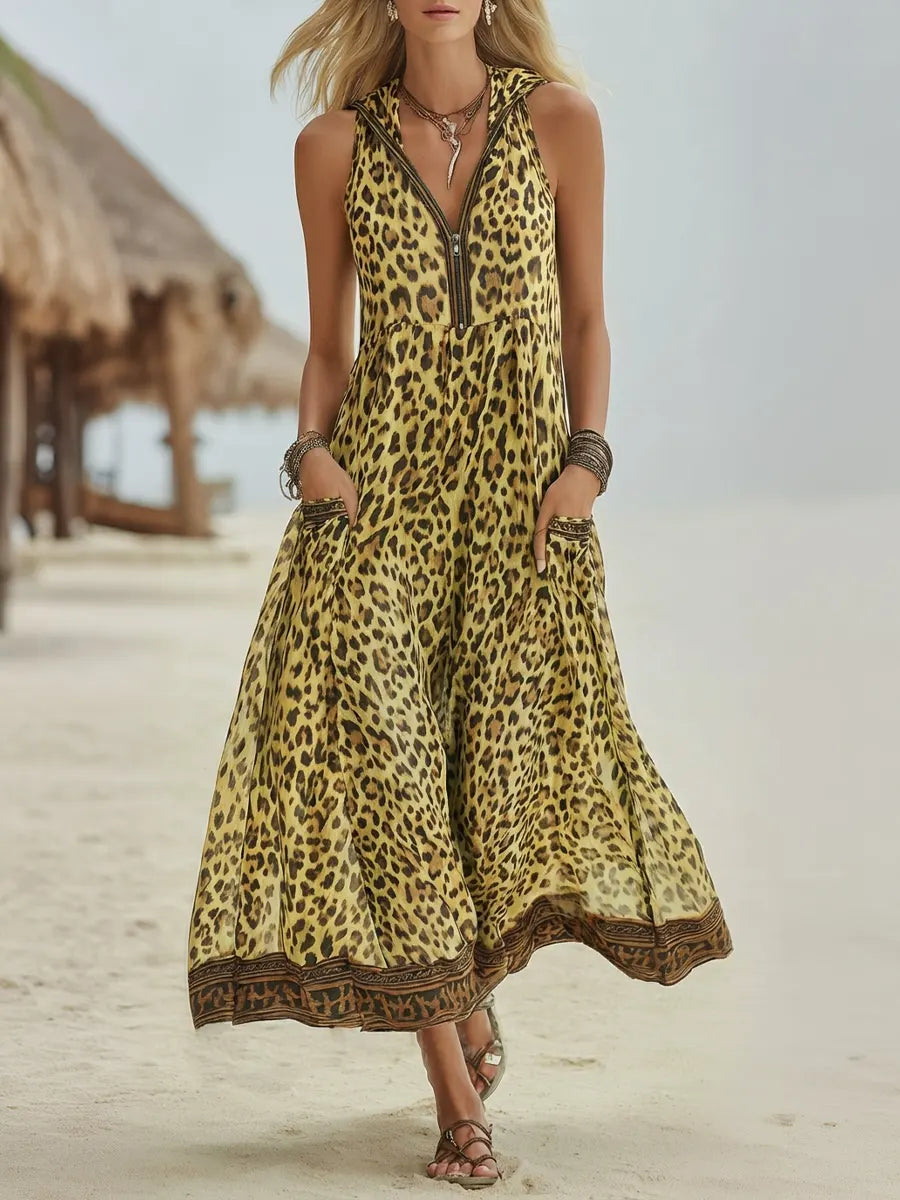 📦📦LAST DAY SAVE 49% ⏰Women's Retro Casual Green Leopard Print Art Hooded Midi Dress