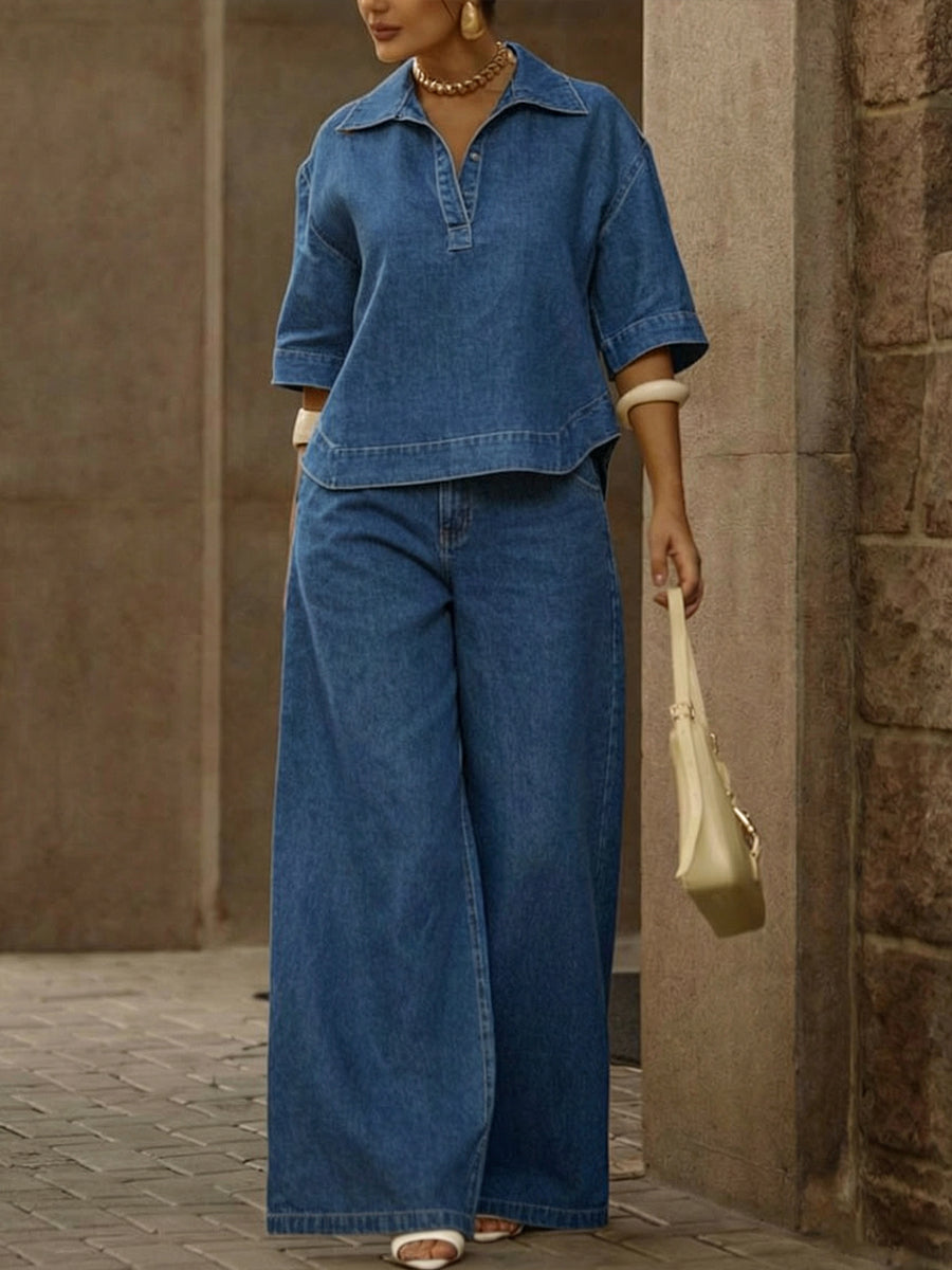 📦📦LAST DAY SAVE 49% ⏰Women's Casual 100% Cotton Denim Top And Wide-leg Pants Two-piece Set