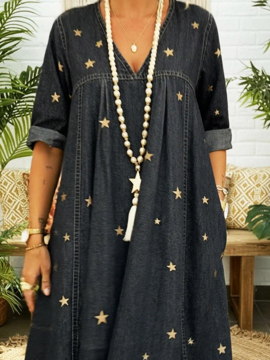 📦📦Buy 2 PCS for free shipping🔥Casual Gold Star Print 100% Cotton Denim Dress