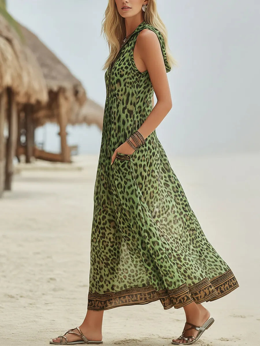 📦📦LAST DAY SAVE 49% ⏰Women's Retro Casual Green Leopard Print Art Hooded Midi Dress