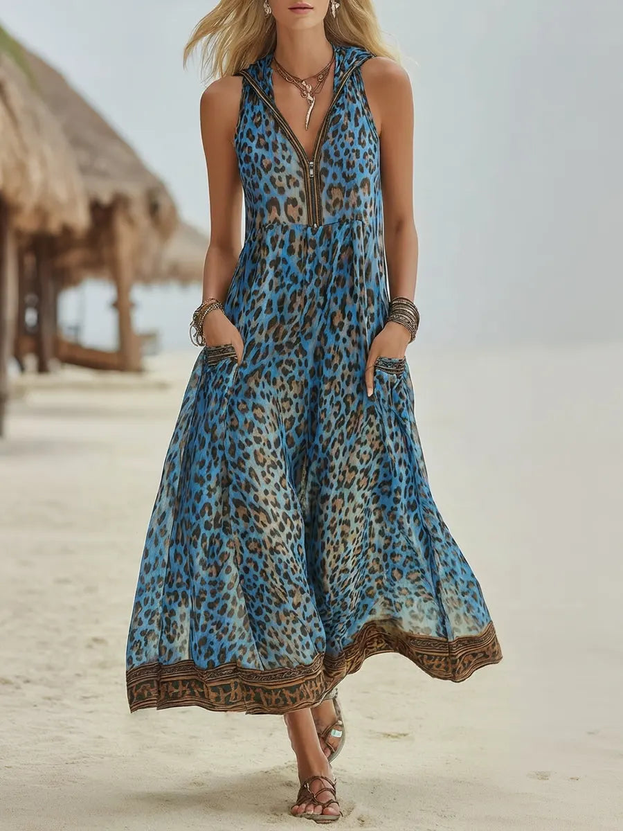 📦📦LAST DAY SAVE 49% ⏰Women's Retro Casual Green Leopard Print Art Hooded Midi Dress