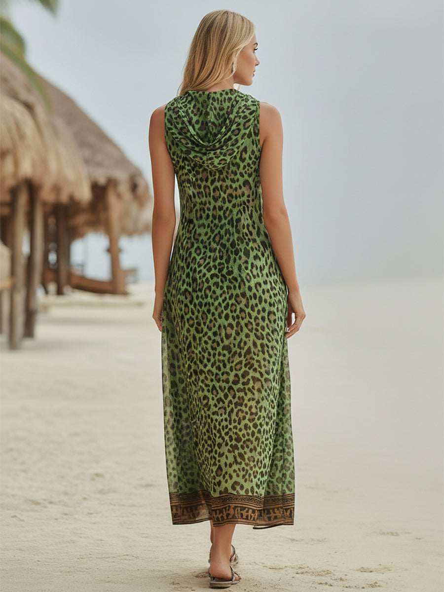 📦📦LAST DAY SAVE 49% ⏰Women's Retro Casual Green Leopard Print Art Hooded Midi Dress