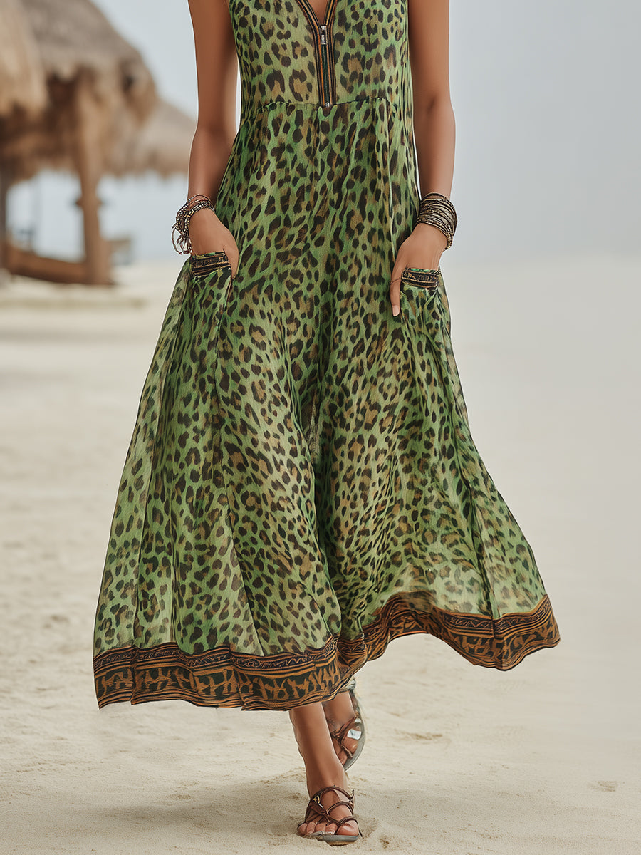 📦📦LAST DAY SAVE 49% ⏰Women's Retro Casual Green Leopard Print Art Hooded Midi Dress