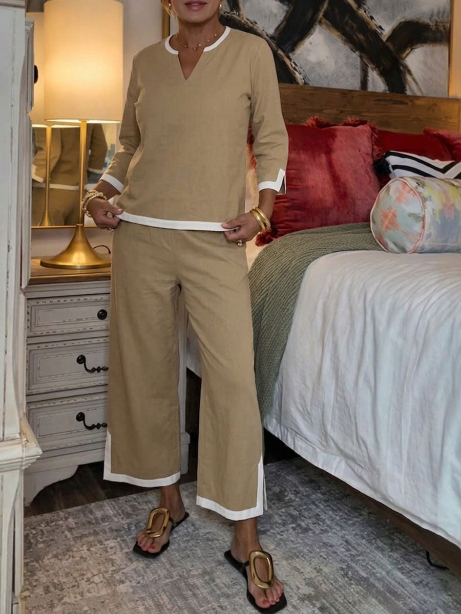 📦📦LAST DAY SAVE 49% ⏰Women's Casual Cotton Set: Loose-fit V-neck 3/4-sleeve Top & High-waisted Wide-leg Pants