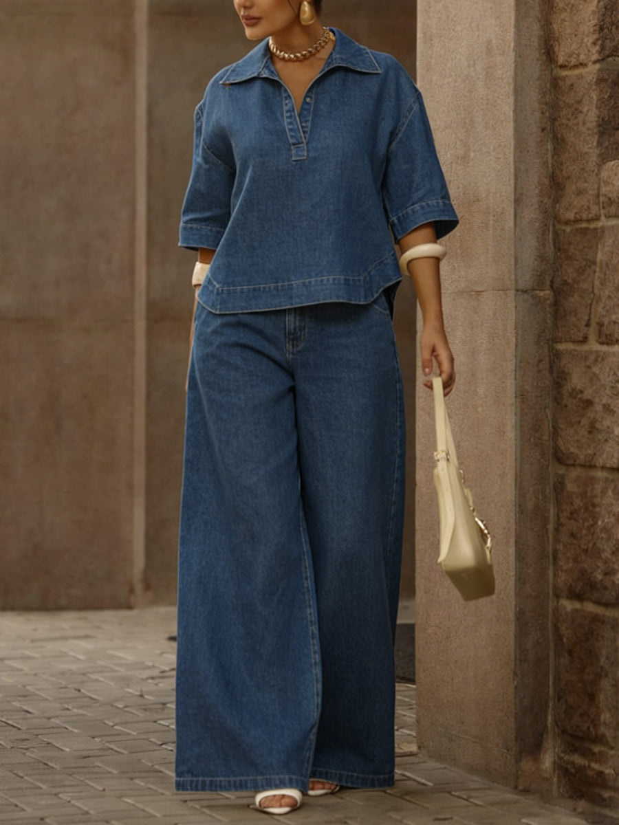 📦📦LAST DAY SAVE 49% ⏰Women's Casual 100% Cotton Denim Top And Wide-leg Pants Two-piece Set