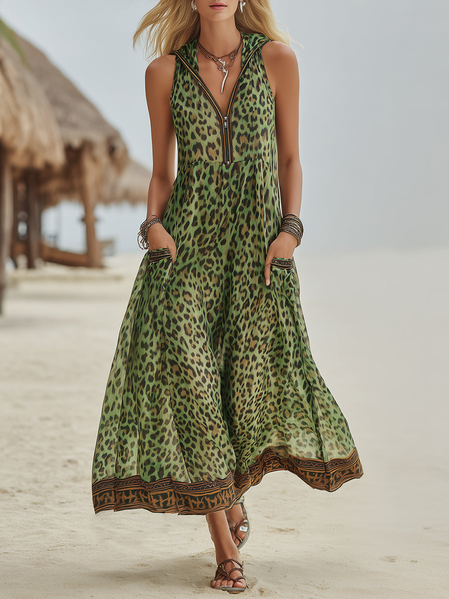 📦📦LAST DAY SAVE 49% ⏰Women's Retro Casual Green Leopard Print Art Hooded Midi Dress
