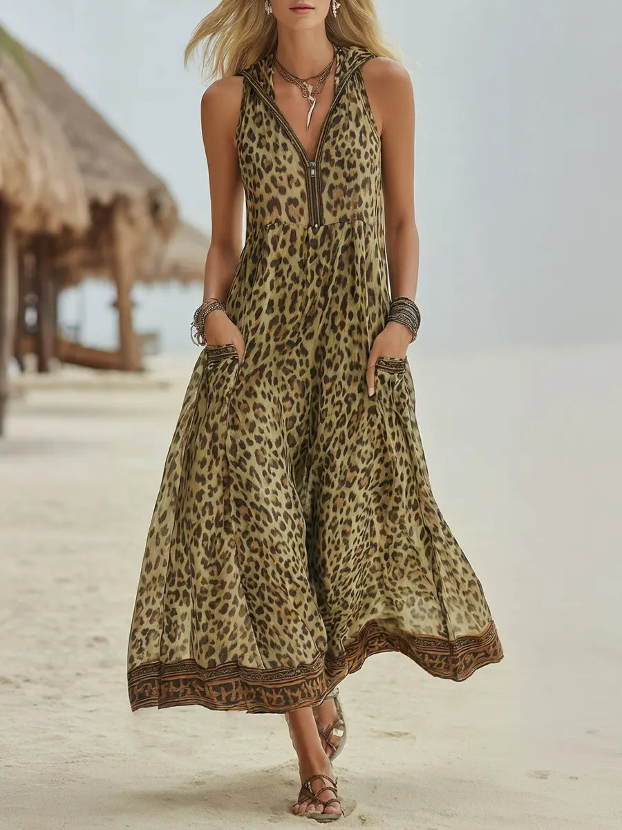 📦📦LAST DAY SAVE 49% ⏰Women's Retro Casual Green Leopard Print Art Hooded Midi Dress
