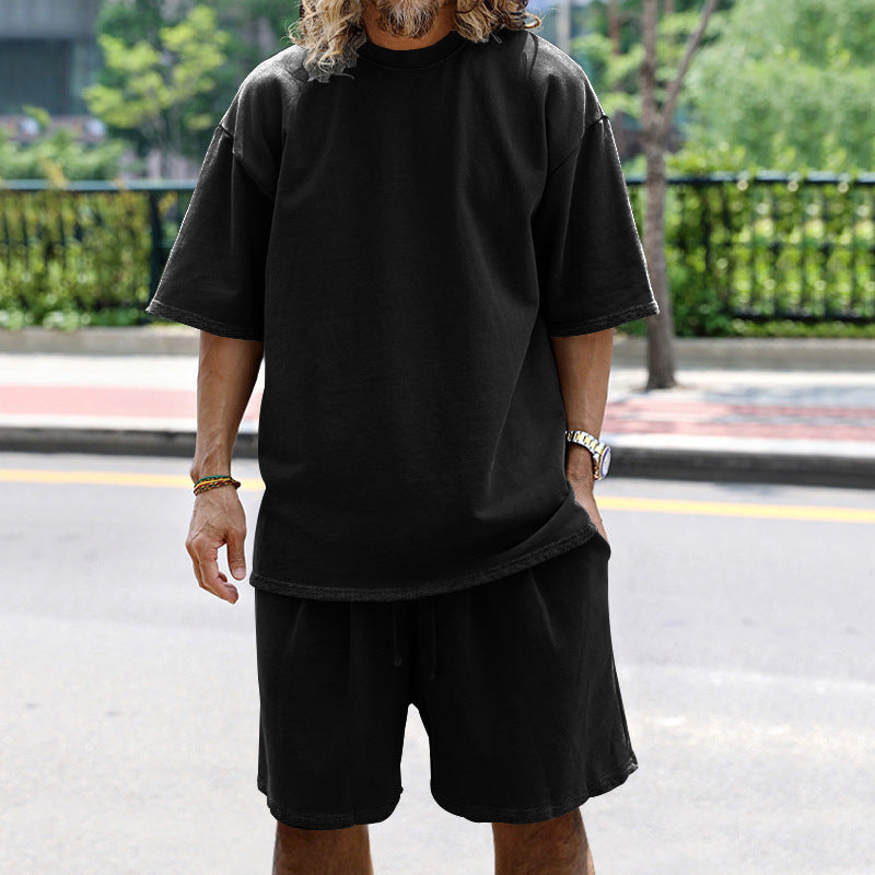 💚💚Men Loose Pure Solid Sports Short Sleeve T Shirt Shorts Set Outfit Sportswear