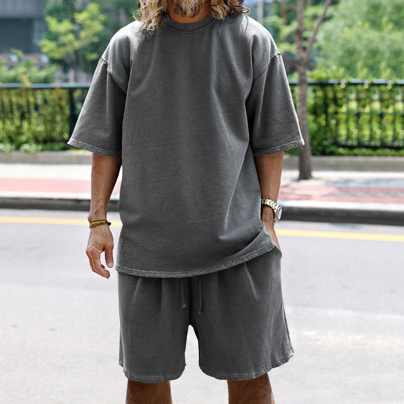 💚💚Men Loose Pure Solid Sports Short Sleeve T Shirt Shorts Set Outfit Sportswear