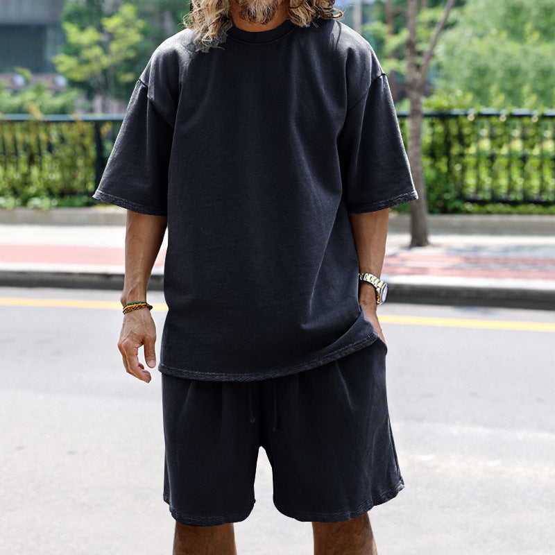 💚💚Men Loose Pure Solid Sports Short Sleeve T Shirt Shorts Set Outfit Sportswear