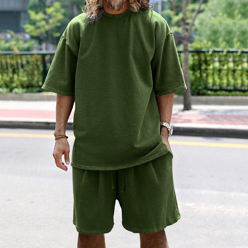 💚💚Men Loose Pure Solid Sports Short Sleeve T Shirt Shorts Set Outfit Sportswear