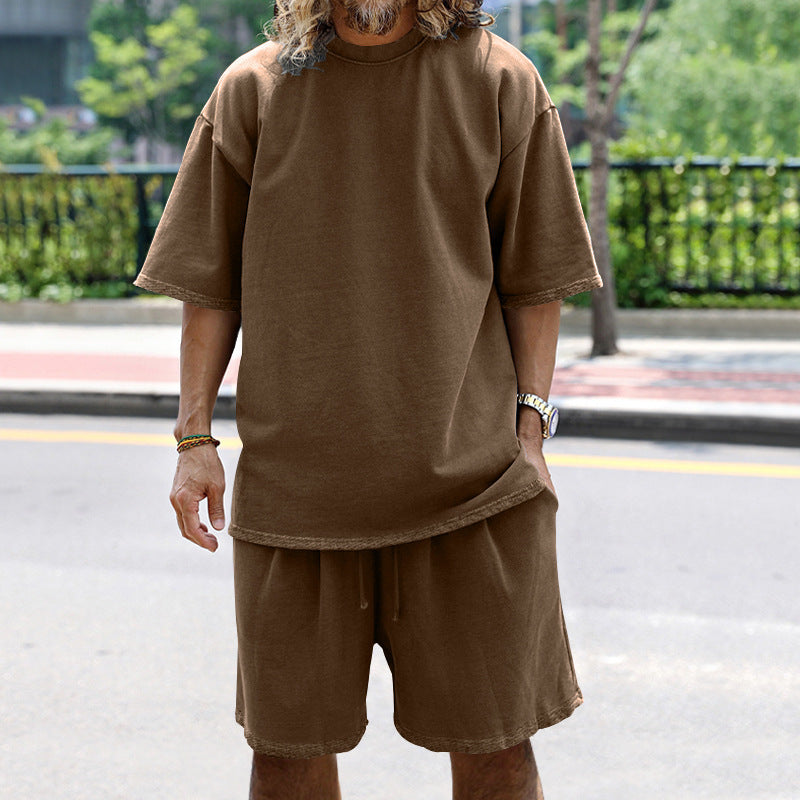 💚💚Men Loose Pure Solid Sports Short Sleeve T Shirt Shorts Set Outfit Sportswear
